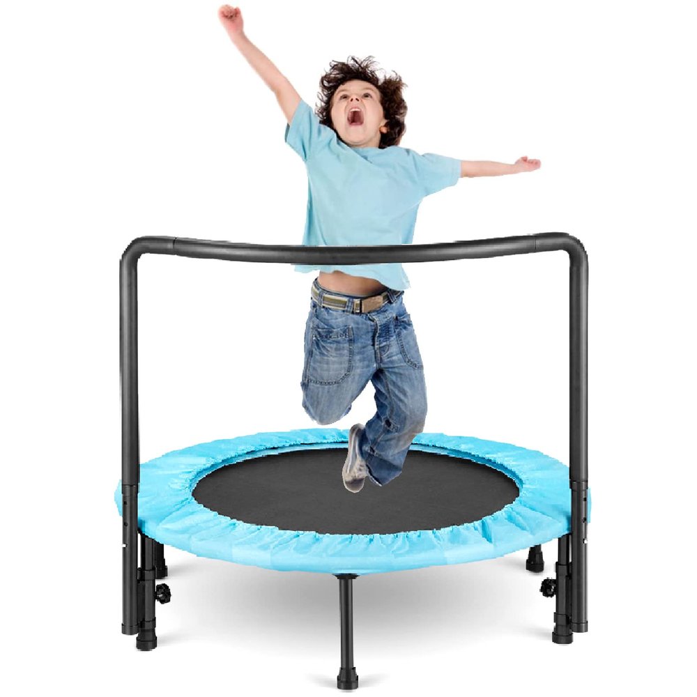 Foldable Mini Fitness Trampoline, Load-Bearing Up to 50kg, with Suction Cup Feet, Adjustable Handles and Cushion Covers, for Indoor/Outdoor Kids Trampoline,36in,Blue