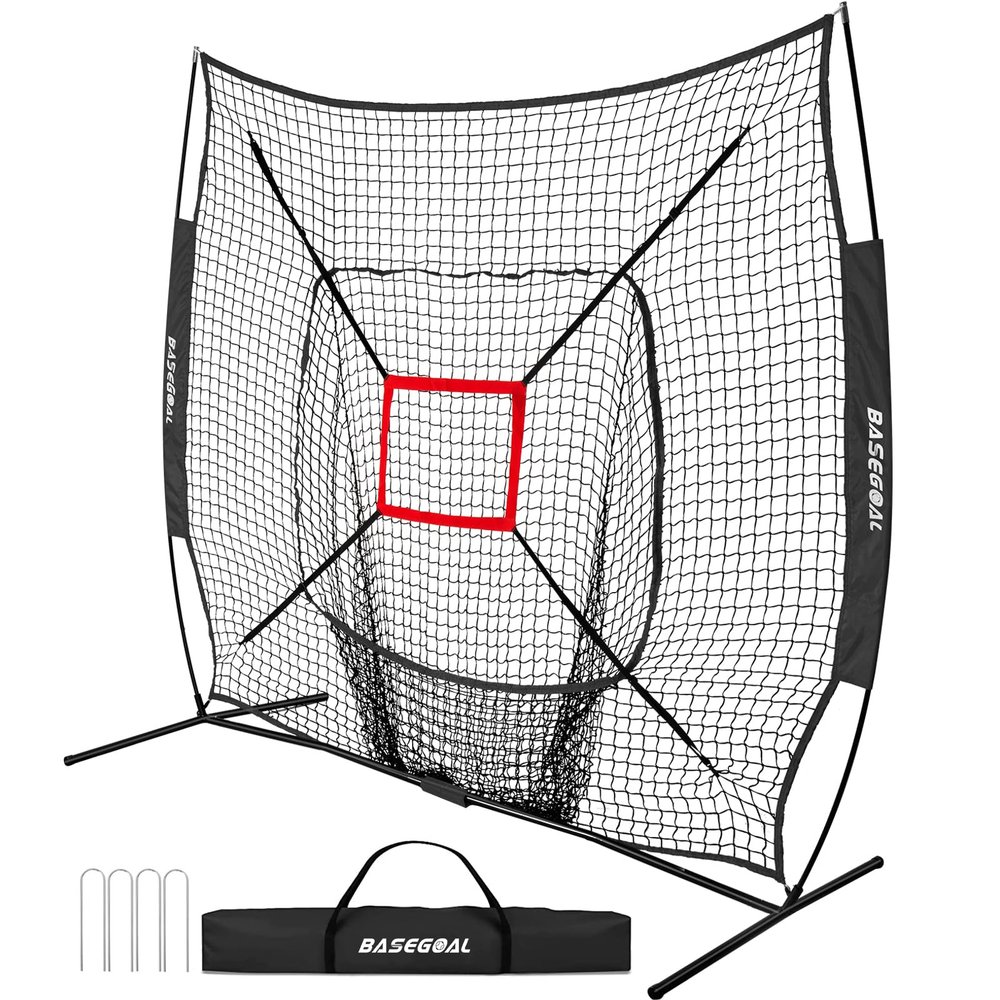 BaseGoal 7'7' Baseball Softball Practice Net,Baseball Backstop,for Hitting Pitching Batting Catching with Bow Frame,Bonus Strike Zone