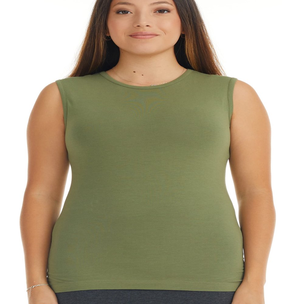 ESTEEZ Medium Olive Green High Crew Neck Sleeveless Tshirt for Women - Cotton Modestly Panel Summer Camis Tops (EX801110OLIVEM)