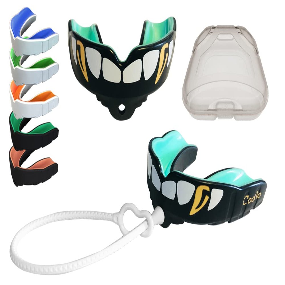 COOLLO SPORTS Boil and Bite Mouth Guard with Tether DBT Custom Fit Sport Mouthpiece for Football, Hockey, Rugby, Lacrosse (Free Storage Case+ Strap) -Adult Size (Adult -Ages 11 & Above, Cool Fangs)
