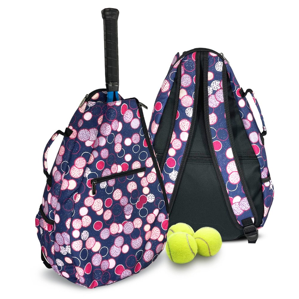 Taboo Fashions Womens Tennis Backpack Ladies Tennis Bag Holds Two Racquets, Padded Straps and Side Carry Handle (Poppin' Bottles)