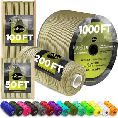 TECEUM Paracord Type III 550 Golden Sand  200 ft  4mm  Tactical Rope MIL-SPEC  Outdoor para Cord Camping Hiking Fishing Gear and Equipment  EDC Parachute Cord  Strong Survival Rope 028 n1