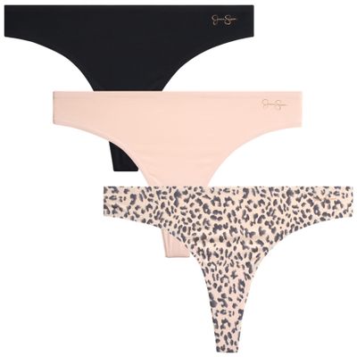 Jessica Simpson Women's Thong Underwear - 3 Pack Microfiber Stretch Lace Panties Soft & Sexy Lingerie for Women, Size Large, Animal Pearl Blush/Black/Pearl Blush