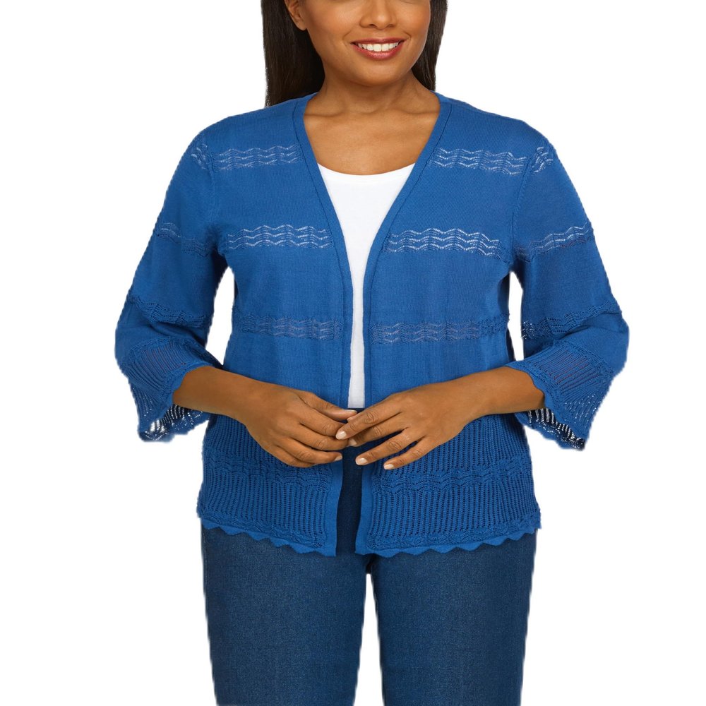 Alfred Dunner Classic Pointelle Spring Cardigan with Bell Sleeve Viscose and Nylon (3X, Lapis)