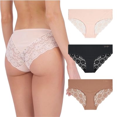 Jessica Simpson Seamless Underwear For Women, Lace Hipster Panties, Breathable and Comfortable, Pearl/Dolce/Black (3 Pack) X-Large