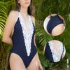 SALITRE SWIMWEAR Gema one Piece Swimsuit Women Vintage Lace V Neck, Tummy Control Swimsuit, Classic Cut - Navy Blue, Womens Bathing Suits, Swimming Suits for Women. view 4
