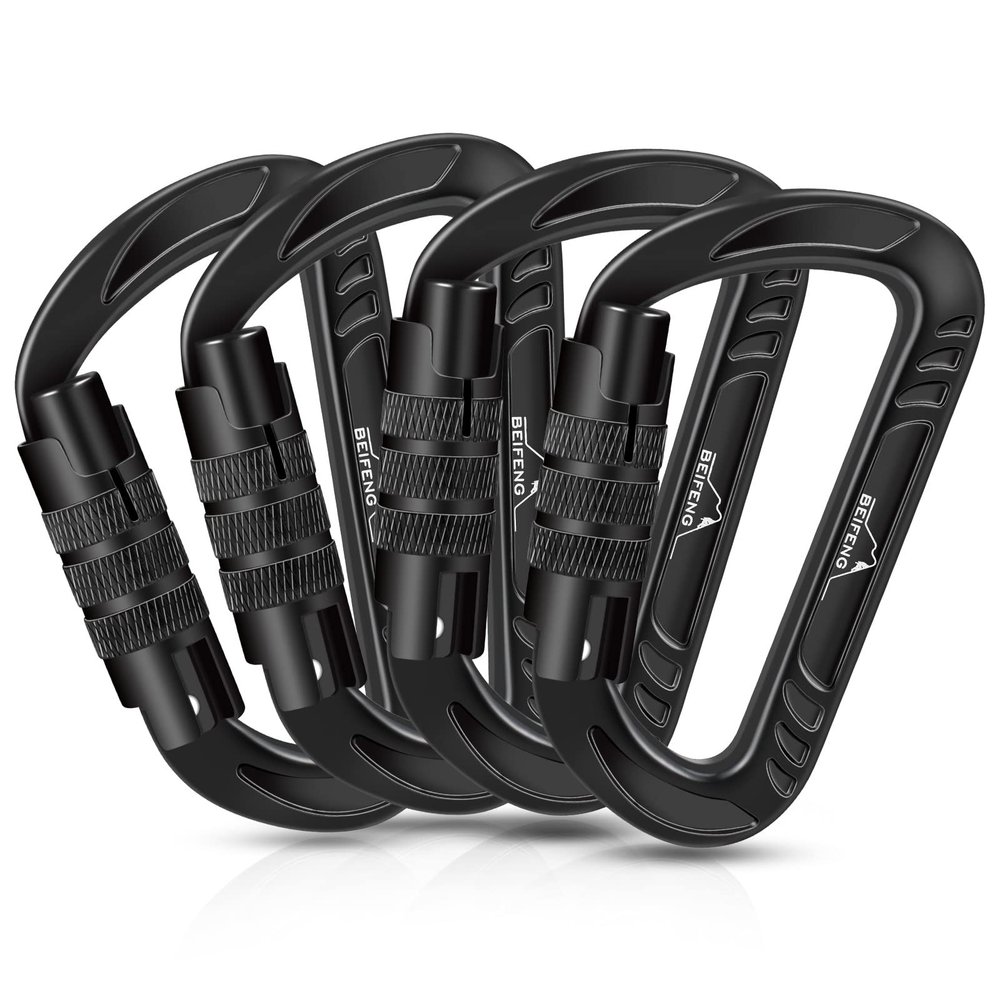 BEIFENG Heavy Duty Lightweight Locking Carabiner Clips D Ring for Camping Hiking Outdoor Gym etc, Carabiner with Lock Small Carabiners for Dog Leash & Harness (Auto Locking Black-4Pcs)