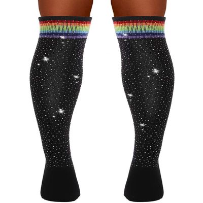 Tgirls Rhinsetone Over Knee Stockings Cotton Thigh-High Socks Crystal Blingy Striped Warm Stockings Cheerleader Winter Long Socks for Women and Girls (Colorful-black socks)