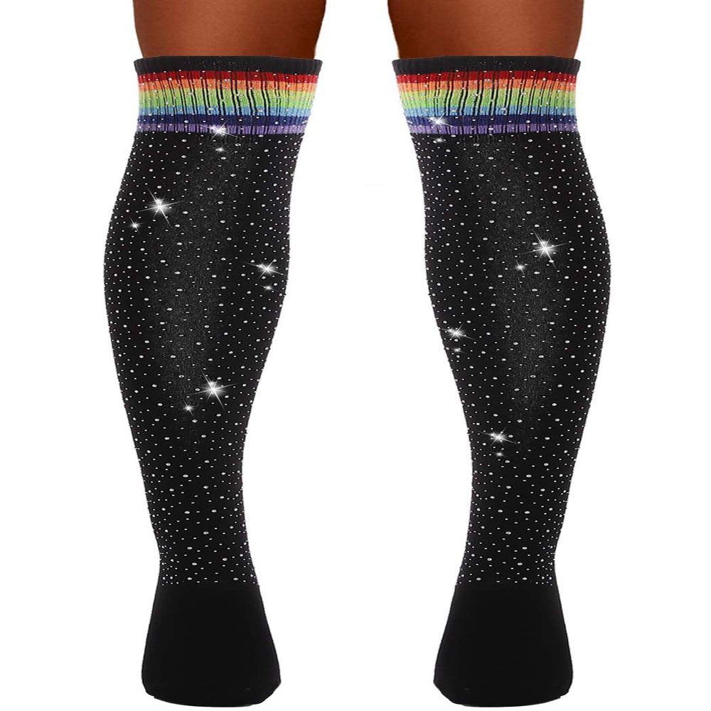 Tgirls Rhinsetone Over Knee Stockings Cotton Thigh-High Socks Crystal Blingy Striped Warm Stockings Cheerleader Winter Long Socks for Women and Girls (Colorful-black socks)