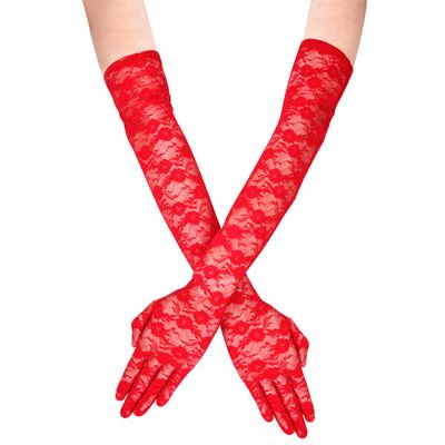 KINBOM Long Lace Gloves - Bridal Floral Lace Gloves for Women, Tea Party, 1920s Costumes, Prom, Masquerade - One Pair, Length 21.3inch (Red)