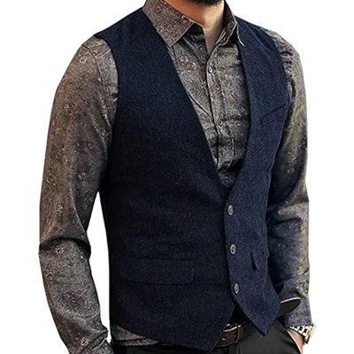 Men's Slim Fit Suit Vest, Casual Herringbone V-Neck Waistcoat for Wedding Prom Banquet Business, Navy