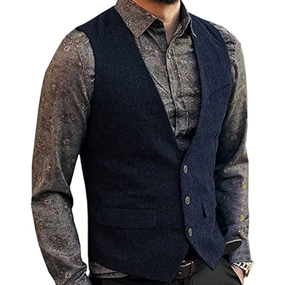 Men's Slim Fit Suit Vest, Casual Herringbone V-Neck Waistcoat for Wedding Prom Banquet Business, Navy