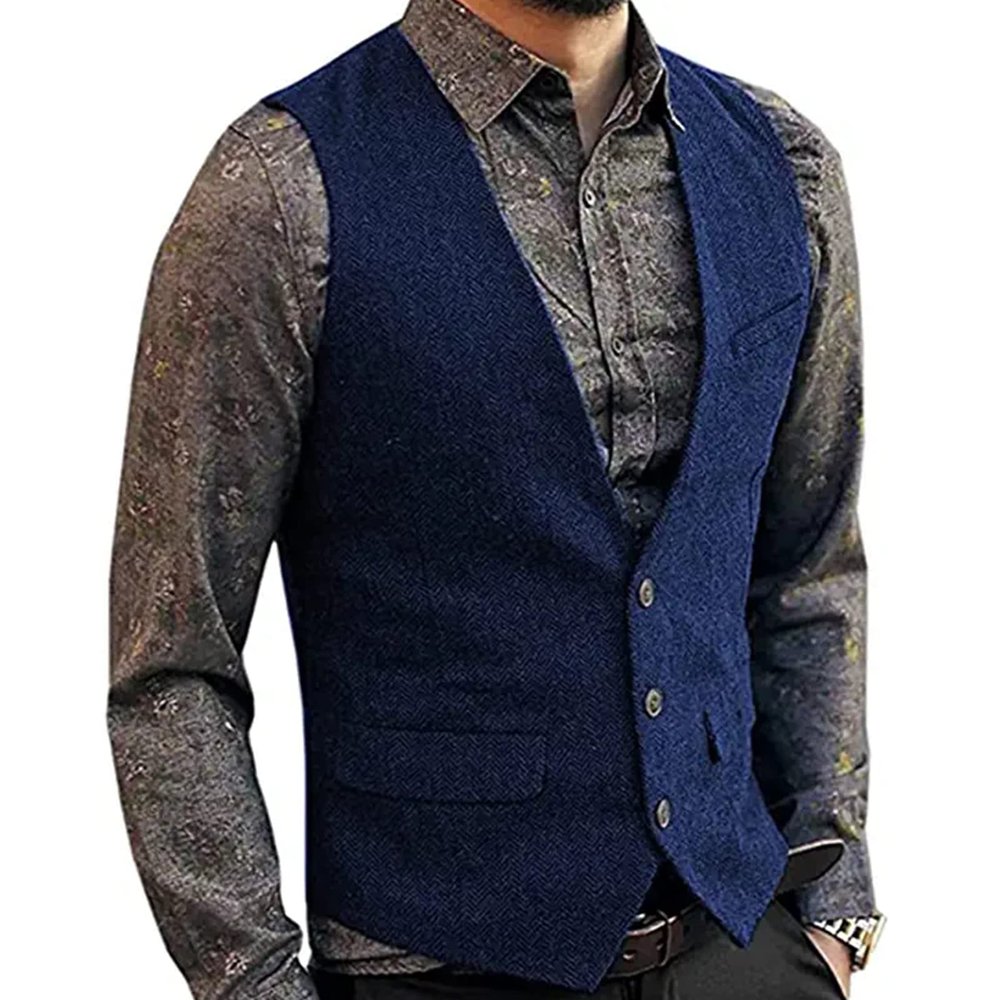 Men's Slim Fit Suit Vest, Casual Herringbone V-Neck Waistcoat for Wedding Prom Banquet Business