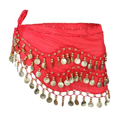 PRETYZOOM Scarf with Coins Chiffon Hip Wrap for Dance Classes and Festivals Halloween Costume Accessory Lightweight and Design Red