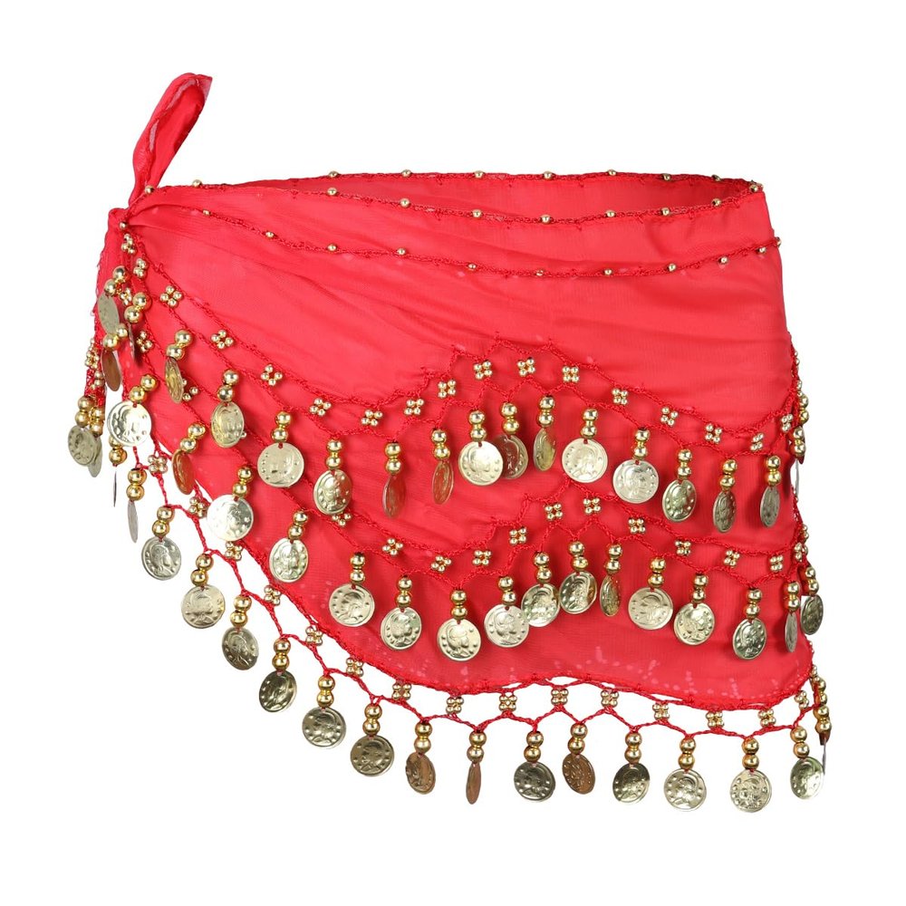 PRETYZOOM Scarf with Coins Chiffon Hip Wrap for Dance Classes and Festivals Halloween Costume Accessory Lightweight and Design Red