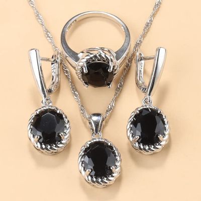 13-Colors Stone Bridal Jewelry Sets Silver 925 Wedding Ring Costume Earrings Pendant Chain Necklace for Women