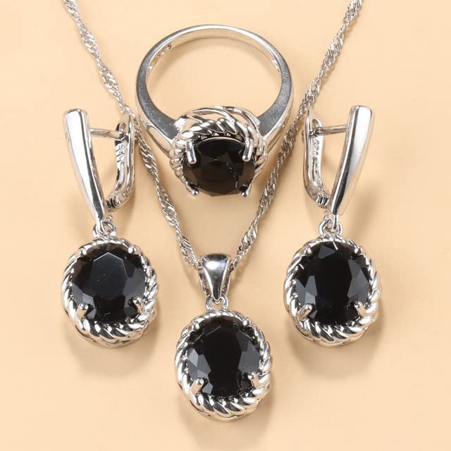 13-Colors Stone Bridal Jewelry Sets Silver 925 Wedding Ring Costume Earrings Pendant Chain Necklace for Women
