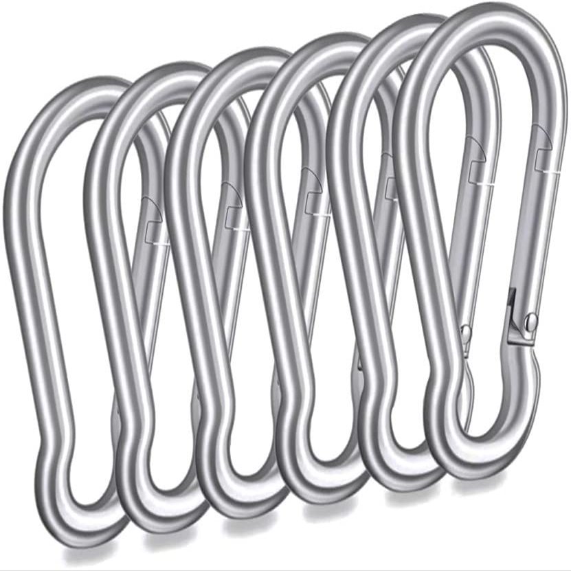 Branded Boards Heavy Duty Bushcraft Stainless Steel Carabiner Spring Snap Clip Link Hooks. 200-500lb Load. 2, 6 & 12 Packs (8cm-6-pack)