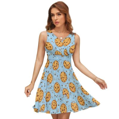BAIKUTOUAN Cookies with Chocolate Chips Women's Tank Dress Mini Wrap V Neck Sleeveless Summer Funny Sundress