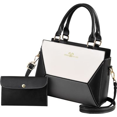 ZiMing Handbag for Women PU Leather Geometric Splicing Tote Bag Purse Large Capacity Totes Wallet Clutch 2 Pcs Set-Black