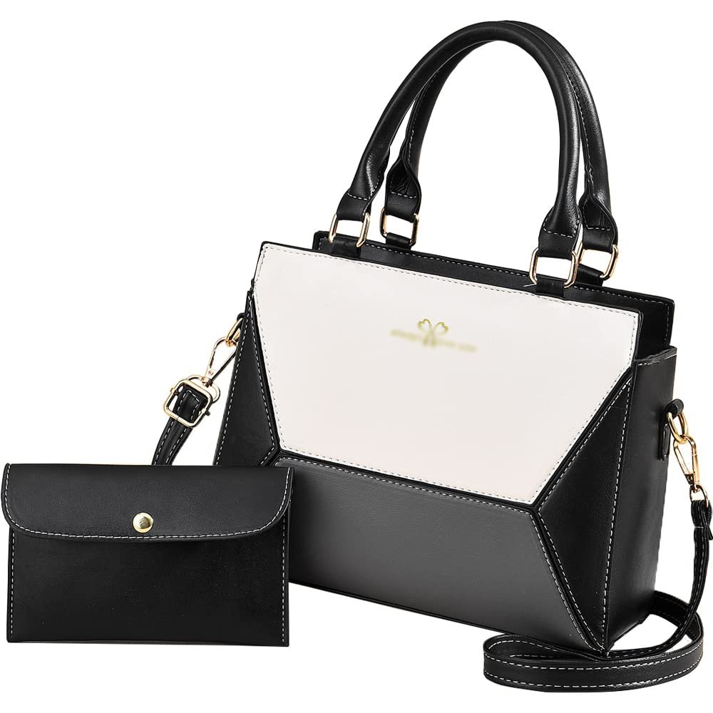 ZiMing Handbag for Women PU Leather Geometric Splicing Tote Bag Purse Large Capacity Totes Wallet Clutch 2 Pcs Set-Black