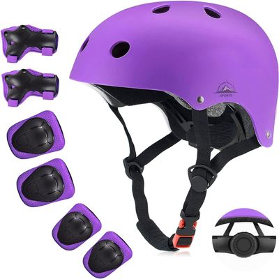 Kids Bike Helmet for Ages 5-15, Adjustable Safety Toddler Helmet with Protective Gear Set, Skateboard Scooter Helmets with Knee Elbow Pads Wrist Guards for Boys Girls (Medium, Purple)