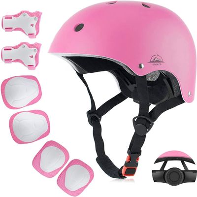 Kids Bike Helmet for Ages 5-15, Adjustable Safety Toddler Helmet with Protective Gear Set, Skateboard Scooter Helmets with Knee Elbow Pads Wrist Guards for Boys Girls (Medium, Pink)