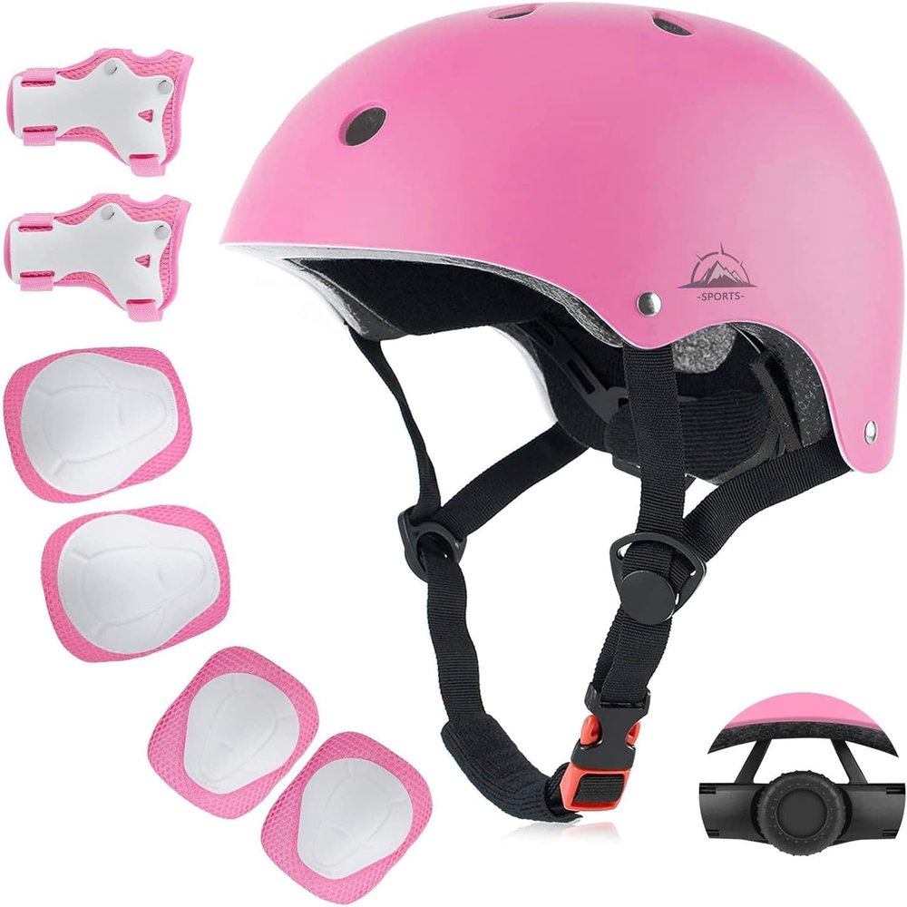 Kids Bike Helmet for Ages 5-15, Adjustable Safety Toddler Helmet with Protective Gear Set, Skateboard Scooter Helmets with Knee Elbow Pads Wrist Guards for Boys Girls (Medium, Pink)