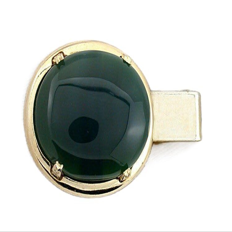 1 1/2 INCH 25x18 OVAL GREEN AGATE CABOCHON GEM GEMSTONE GOLD COLOR TIE CLIP BAR