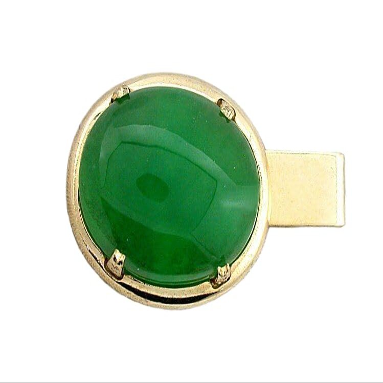 1 1/2 INCH 25x18 OVAL DYED GREEN JADE GEMSTONE GOLD COLOR TIE CLIP BAR EPTT559