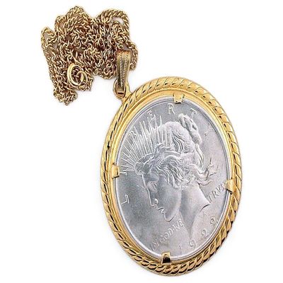 1922 REAL PEACE SILVER DOLLAR GOLDPLATED PENDANT & GOLD PLATED 18 INCH CHAIN