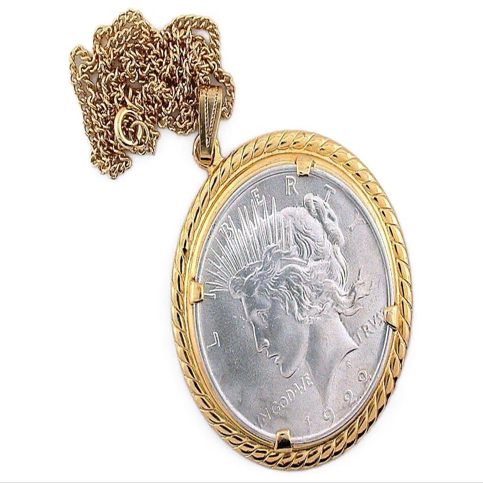 1922 REAL PEACE SILVER DOLLAR GOLDPLATED PENDANT & GOLD PLATED 18 INCH CHAIN