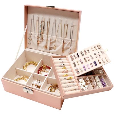 AOLDHYY MRMOSY Jewelry Boxes for Women Jewelry Box Organizer 2 Layer Large Men Girls Jewelry Storage Case PU Leather Display with Removable Tray and Lock for Necklace Earrings Rings Bracelets,