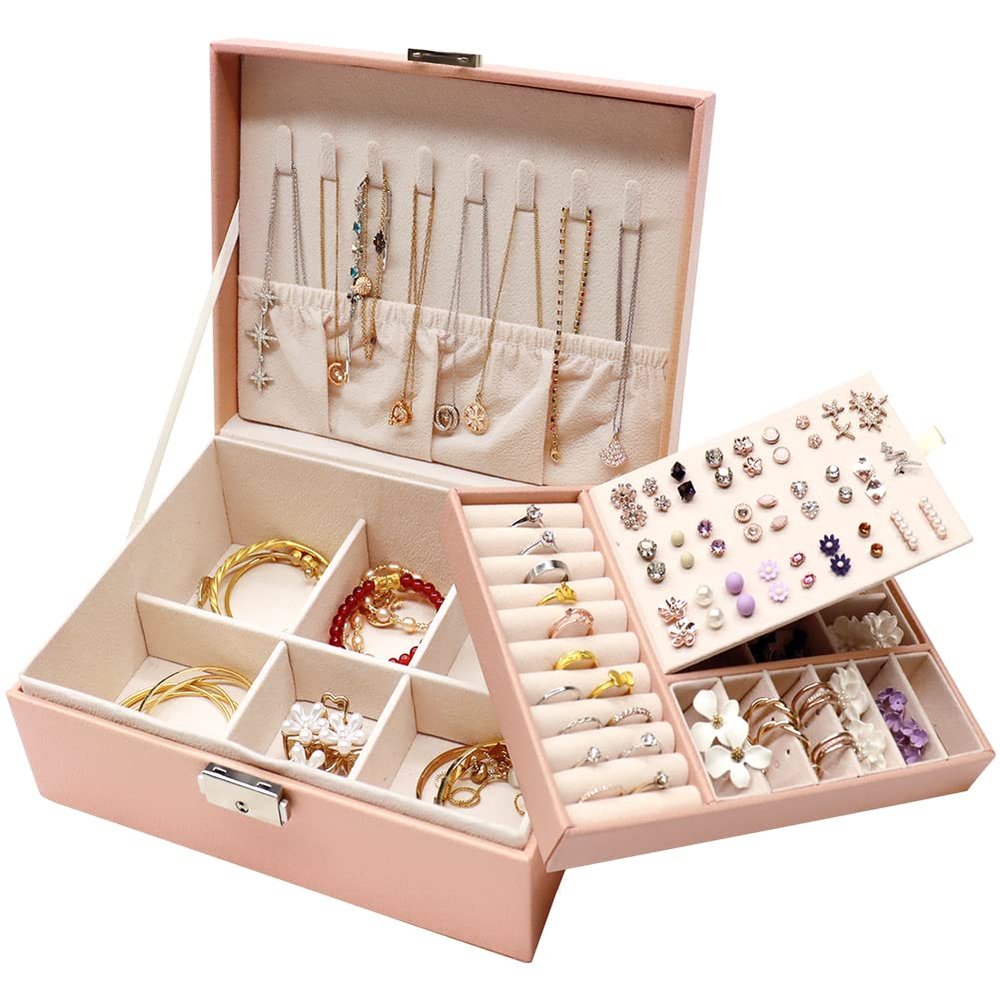 AOLDHYY MRMOSY Jewelry Boxes for Women Jewelry Box Organizer 2 Layer Large Men Girls Jewelry Storage Case PU Leather Display with Removable Tray and Lock for Necklace Earrings Rings Bracelets,