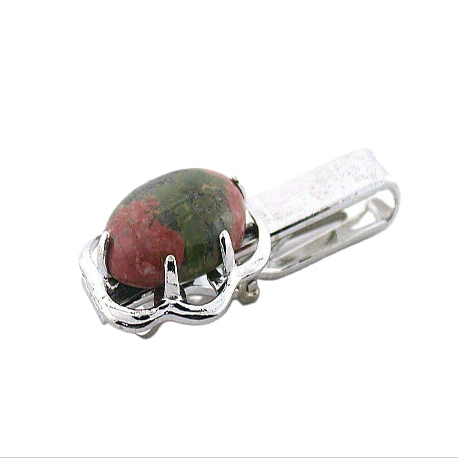 1 2/3 INCH 18x13 OVAL UNAKITE GEMSTONE CAB SILVER COLOR SLIDE ON TIE BAR EPTT471
