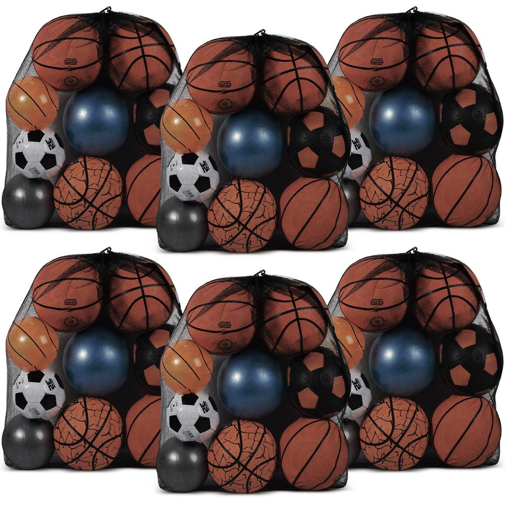 Woanger 6 Pcs Extra Large Mesh Bag Bulk, 35 x 27 Inch Sports Ball Bag with Adjustable Shoulder Strap Drawstring, Sports Equipment Storage Organizer for Gym, Beach, Cloth, Swimming Gears