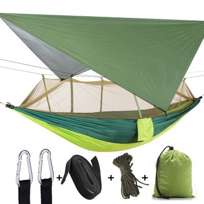 Camping Hammock, Double & Single Portable Hammock with Tree Straps, Lightweight Nylon Hammock Swing Set with Net and Rain Fly Tarp and Pocket for Backpacking Hiking Travel Outdoor(Light Green)