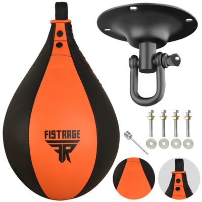 FISTRAGE Speed Bag Leather Lightweight Boxing Ball MMA Muay Thai Training Punching Dodge Striking with Free Hanging Swivel Workout Speedball Kit Kicking Equipment (Orange-Black)