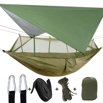 Camping Hammock, Double & Single Portable Hammock with Tree Straps, Lightweight Nylon Hammock Swing Set with Net and Rain Fly Tarp and Pocket for Backpacking Hiking Travel Outdoor(ArmyGreen)