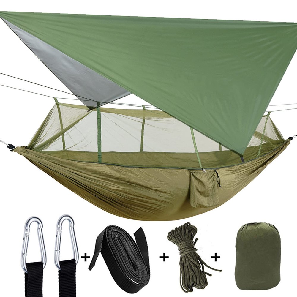 Camping Hammock, Double & Single Portable Hammock with Tree Straps, Lightweight Nylon Hammock Swing Set with Net and Rain Fly Tarp and Pocket for Backpacking Hiking Travel Outdoor(ArmyGreen)