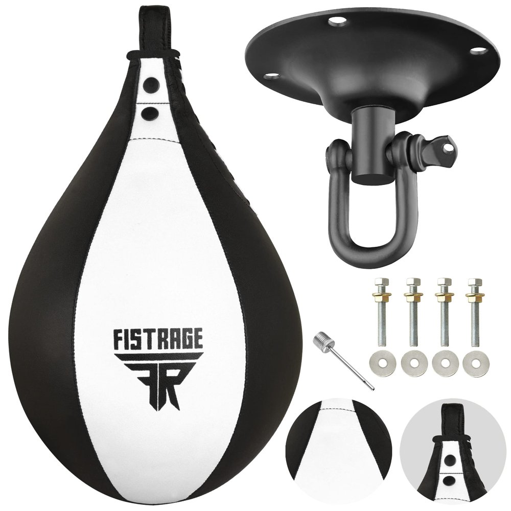 FISTRAGE Speed Bag Boxing Ball Leather MMA Muay Thai Training Punching Dodge Striking Kit with Free Hanging Swivel Workout Speedball Kicking Platform Equipment (White-Black)