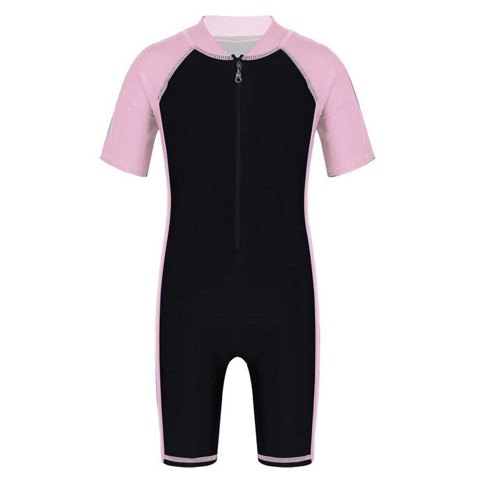 Agoky Boys Girls Swimsuits Rash Guard Suits Swimwear Shorty Wetsuit Kids UPF 50+ UV Sun Protective One-Piece Bathing Suit Pink&Black 7-8
