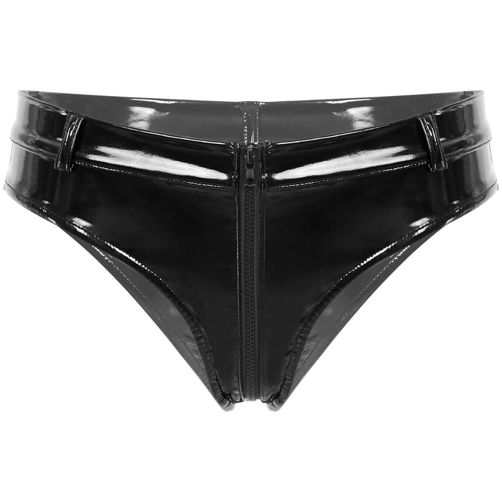 Loloda Women's Sexy Leather Wetlook High-Waisted Booty Shorts Hot Pants Night Party Clubwear Zipper Black Medium