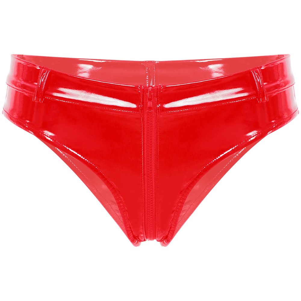 Loloda Women's Sexy Leather Wetlook High-Waisted Booty Shorts Hot Pants Night Party Clubwear Zipper Red X-Large