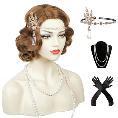 Wiggy Mermaid 1920s Brown Flapper Vintage Wig for Women Finger Wave Wig Lady Short Curly Wig Halloween Party Cosplay Costume Synthetic Hair Wig + Accessories