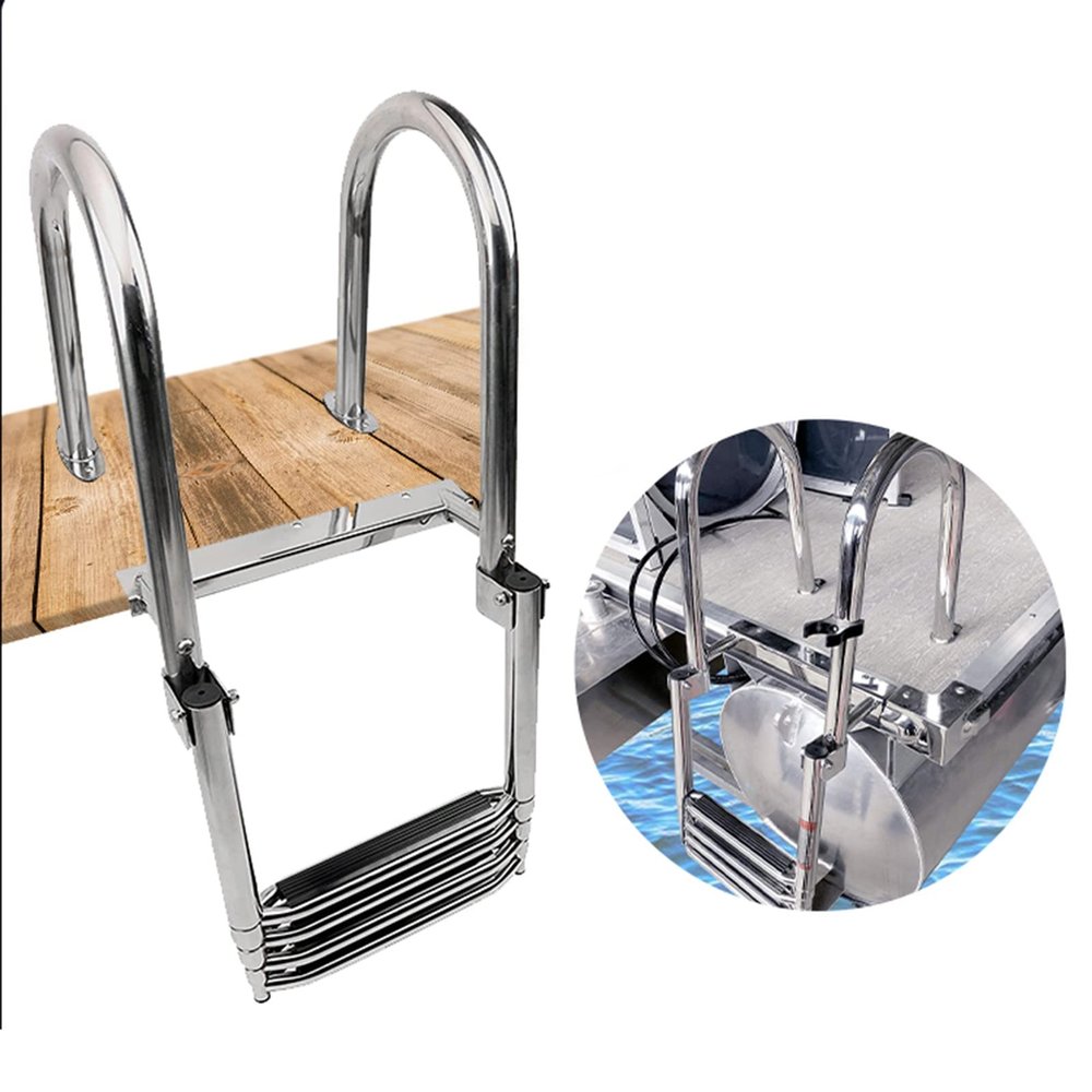 304 Stainless Stee Boat Ladder Inboard Boat 4 Step Ladder Dock Ladder Marine Ladder, Marine Yacht Boarding Ladder, Swimming Pool Ladder with Wide Step & Handle