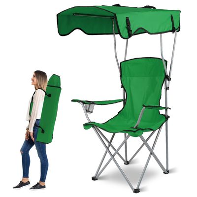 Moclever Folding Canopy Camp Chair Heavy Duty Beach Chair with Sun Protection, Cup Holder & Padded Armrests for Outdoor Camping, Lawn, Park, Patio (Green)