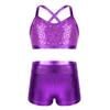 Jowowha Kids Girls 2Pcs Gymnastic Ballet Jazz Hip Hop Dance Outfits Sequin Crop Top with Booty Shorts Athletic Tracksuit Purple 12-14 Years view 1