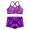 Jowowha Kids Girls 2Pcs Gymnastic Ballet Jazz Hip Hop Dance Outfits Sequin Crop Top with Booty Shorts Athletic Tracksuit Purple 12-14 Years view 3