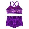 Jowowha Kids Girls 2Pcs Gymnastic Ballet Jazz Hip Hop Dance Outfits Sequin Crop Top with Booty Shorts Athletic Tracksuit Purple 12-14 Years view 4